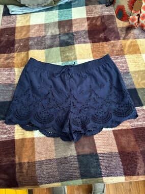 a.n.a Navy Eyelet Scalloped Hem High-Waist Shorts